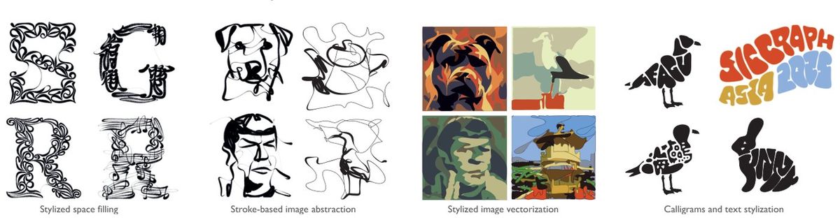 Examples of stylized letters, stroke abstractions, vectorized images and calligrams